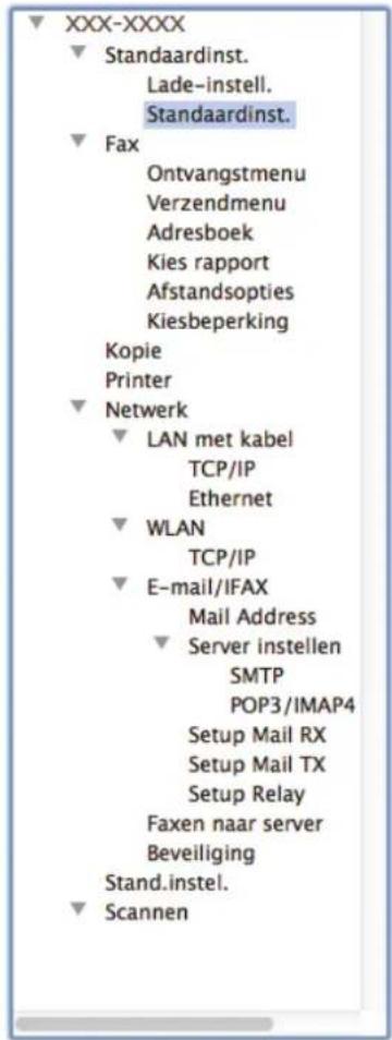 XXX-XXXX Standaardinst. Lade-instell. Standaardinst. Fax Ontvangstmenu Verzendmenu Adresboek Kies rapport Afstandsopties Kiesbeperking Kopie Printer Netwerk LAN met kabel TCP/IP Ethernet WLAN TCP/IP E-mail/IFAX Mail Address Server instellen SMTP POP3/IMAP4 Setup Mail RX Setup Mail TX Setup Relay Faxen naar server Beveiliging Stand.instel. Scannen