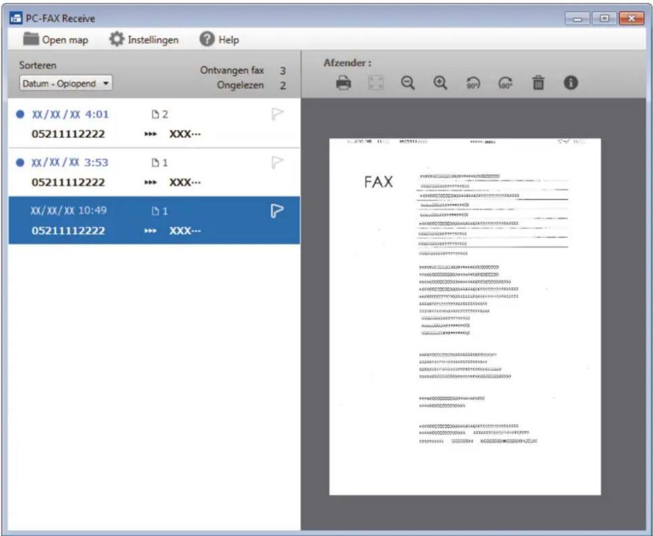 PC-FAX Receive Open map Instellingen Help Sorteren Ontvangen fax 3 Datum - Opiopend Ongelezen 2 Affzender : FAX
