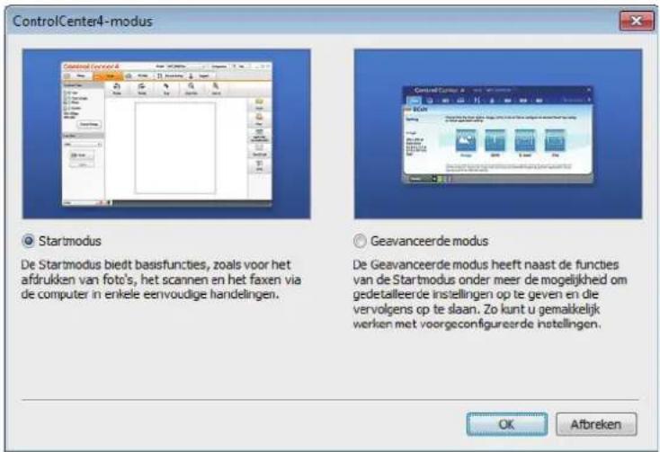 ControlCenter4-modus Startmodus De Startmodus biedt bassfuncties, zoals voor het afdrukken van foto's, het scannen en het faxen via de computer in enkele eenvoudige handelingen. Geavanceerde modus De Geavanceerde modus heeft naast de functies van de Startmodus onder meer de mogelijkheid om gedetailleerde instellingen op te geven en die vervolgens op te slaan. Zo kunt u gemakkelijk werken met voorgeconfigureerde instellingen. OK Abbreken