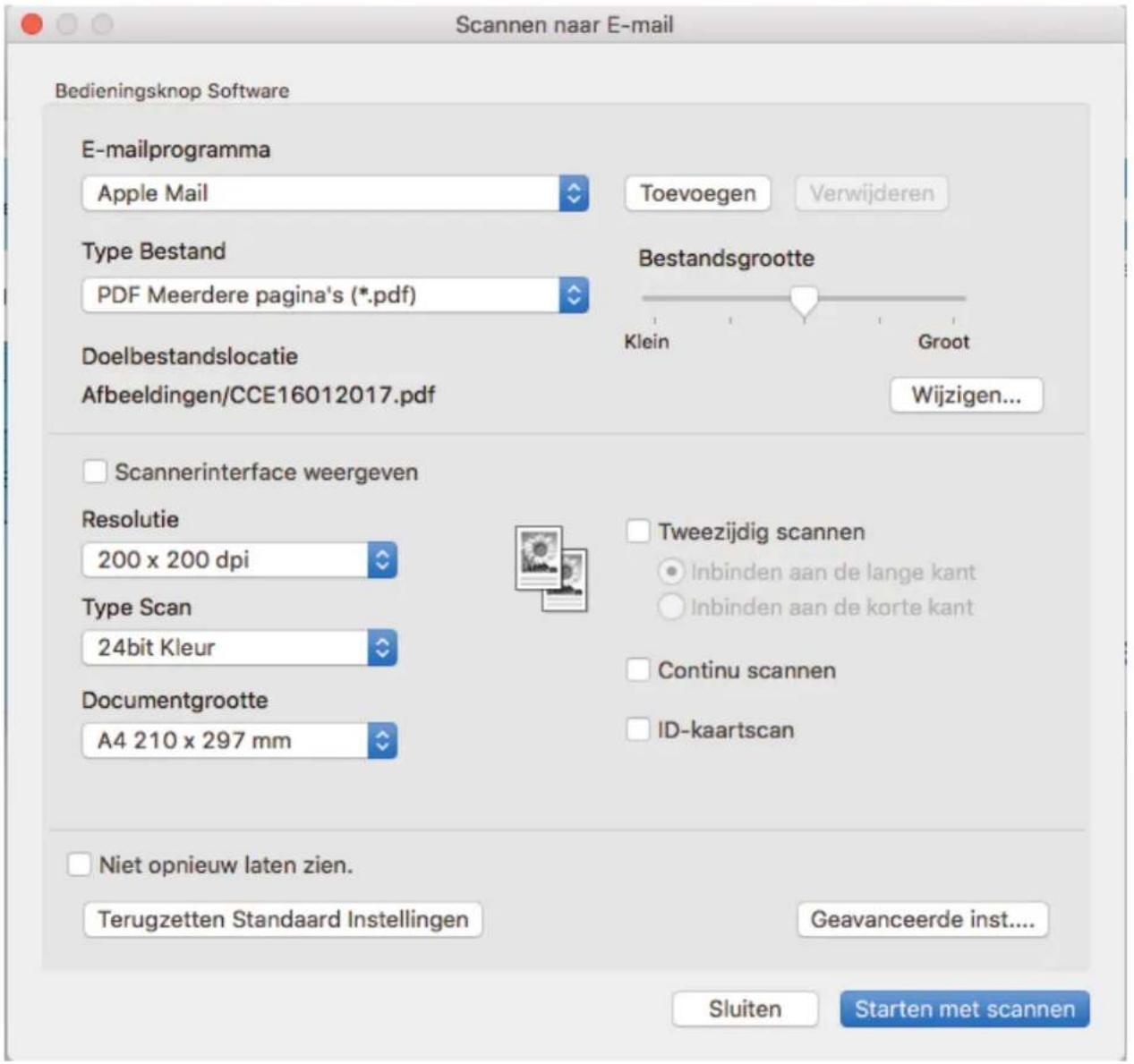 Scannen naar E-mail Bedieningsknop Software E-mailprogramma Apple Mail Toevoegen Verwijderen Type Bestand PDF Meerdere pagina's (*.pdf) Doelbestandslocatie Afbeeldingen/CCE16012017.pdf Bestandsgrootte Klein Groot Wijzigen... Scannerinterface weergeven Resolutie 200 x 200 dpi Type Scan 24bit Kleur Documentgrootte A4 210 x 297 mm Tweezijdig scannen Inbinden aan de lange kant Inbinden aan de korte kant Continu scannen ID-kaartscan Niet opnieuw laten zien. Terugzetten Standaard Instellingen Geavanceerde inst.... Sluiten Starten met scannen