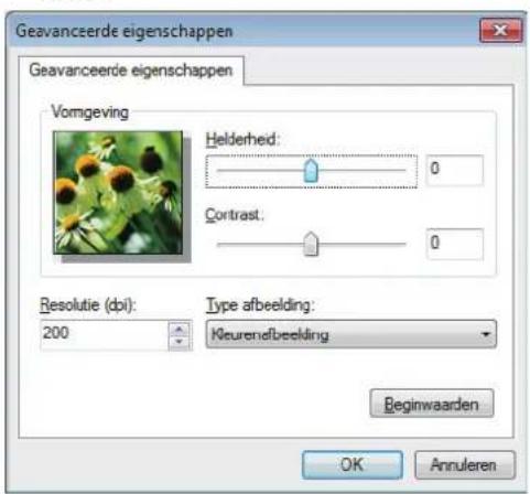 Geavanceerde eigenschappen Geavanceerde eigenschappen Vomgeving Helderhed: 0 Contrast: 0 Resolutie (dpi): 200 Type afbeelding: Kleurenefbeelding Beginwaarden OK Annuleren