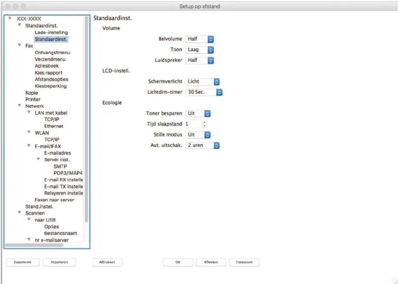 Setup op afstand XXX-XXXX Standaardinst. Lade-instelling Standaardinst. Fax Ontvangstmenu Verzendmenu Adresboek Kies rapport Afstandsopties Kiesbeperking Kopie Printer Network LAN met kabel TCP/IP Ethernet WLAN TCP/IP E-mail/IFAX E-mailadres Server Inst. SMTP POP3/IMAP4 E-mail RX instelle E-mail TX instelle Relayeren instelle Faxen naar server Stand.Instel. Scannen naar USB Options Bestancsnaam nr e-mailserver Standaardinst. Volume Belvolume Half Toon Laag Luidspreker Half LCD-instell. Schermverlicht Licht Lichtdim-timer 30 Sec. Ecologie Toner besparen Uit Tijd slaapstand 1 Stille modus Uit Aut. uitschak. 2 uren Exporteren Importeren Aftrukken OK Afbreken Toepassen