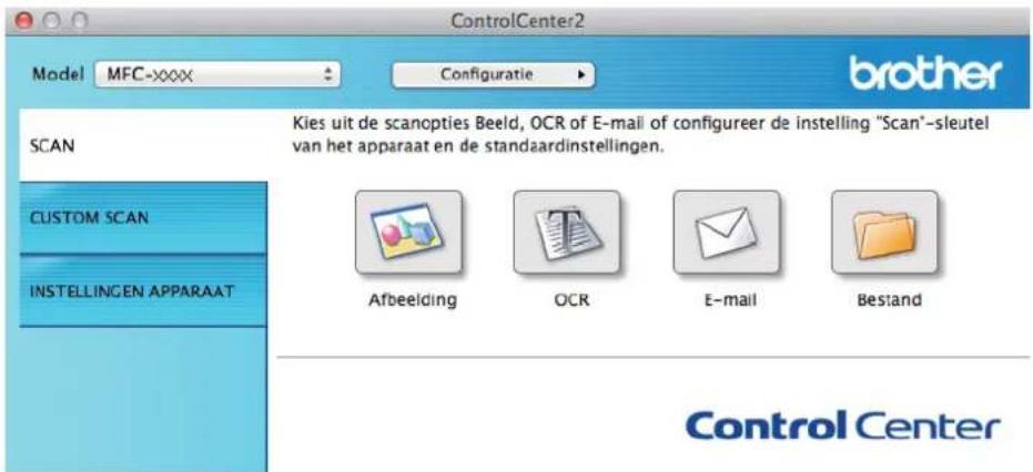 ControlCenter2 Model MFC-xxxx Configuratie brother SCAN Kies uit de scanopties Beeld, OCR of E-mail of configureer de instelling "Scan"-sleutel van het apparaat en de standaardinstellingen. CUSTOM SCAN INSTELLINGEN APPARAAT Afbeelding OCR E-mail Bestand Control Center