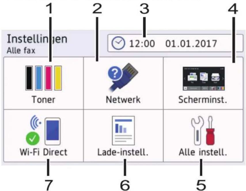 1 Instellingen Alle fax 2 12:00 01.01.2017 3 4 Toner Netwerk Scherminst. Wi-Fi Direct Lade-instell. Alle instell.