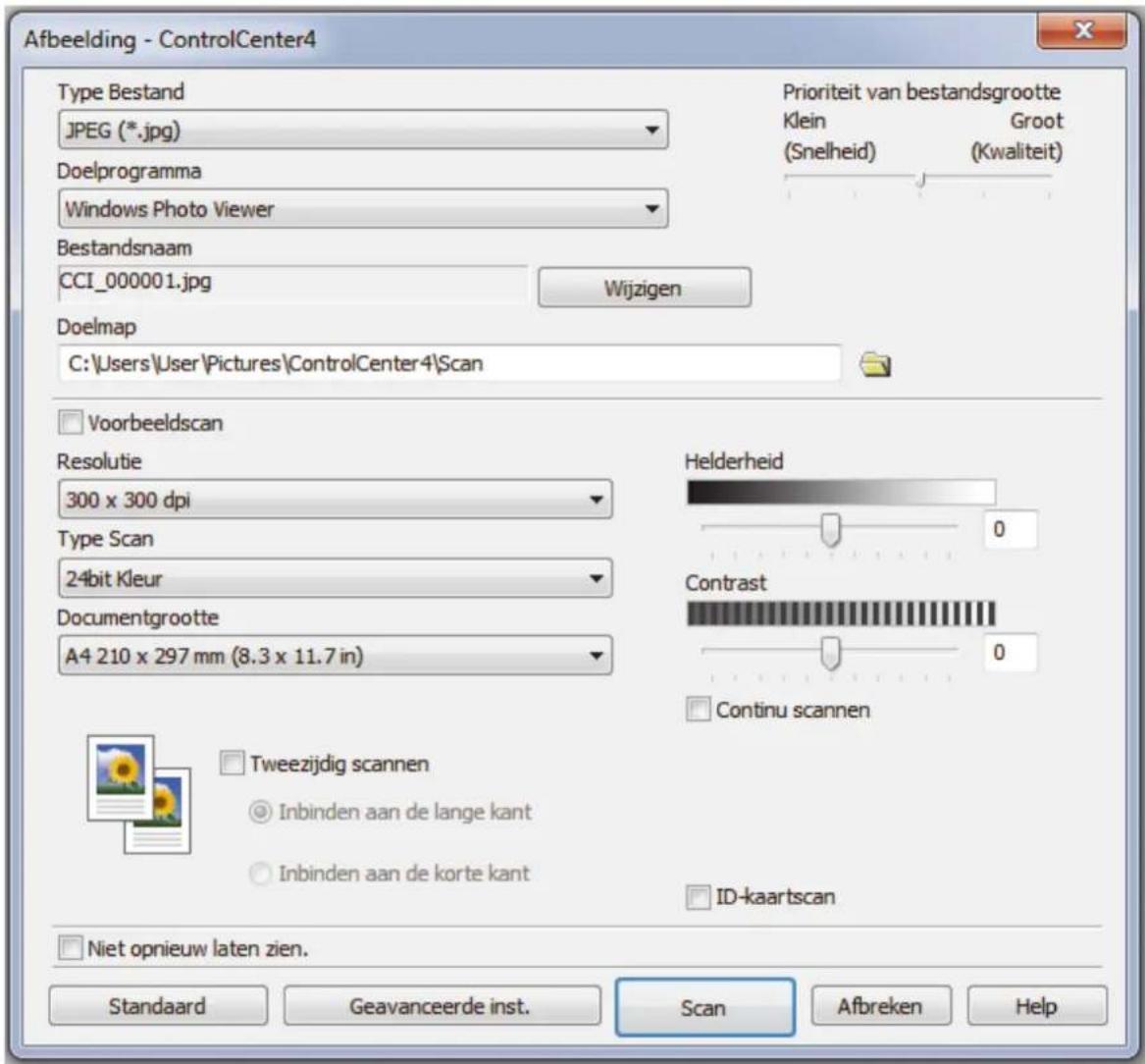 Afbeelding - ControlCenter4 Type Bestand JPEG (*.jpg) Doelprogramma Windows Photo Viewer Bestandsnaam CCI_000001.jpg Wijzigen Prioriteit van bestandsgrootte Klein (Snelheid) Groot (Kwaliteit) Doelmap C:\Users\User\Pictures\ControlCenter4\Scan Voorbeeldscan Resolutie 300 x 300 dpi Type Scan 24bit Kleur Documentgrootte A4 210 x 297 mm (8.3 x 11.7 in) Helderheid Contrast Continu scannen Tweezijdig scannen Inbinden aan de lange kant Inbinden aan de korte kant ID-kaartscan Niet opnieuw laten zien. Standaard Geavanceerde inst. Scan Afbreken Help