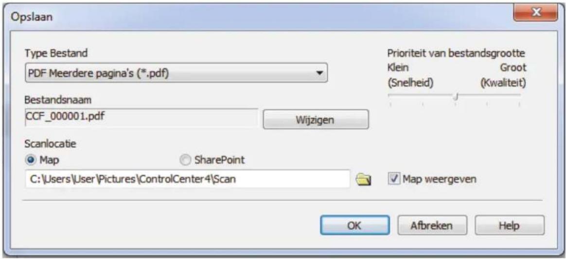 Opslaan Type Bestand PDF Meerdere pagina's (*.pdf) Bestandsnaam CCF_000001.pdf Wijzigen Scanlocatie Map SharePoint C:\Users\User\Pictures\ControlCenter4\Scan Prioriteit van bestandsgrootte Klein Groot (Snelheid) (Kwaliteit) Map weergeven OK Afbreken Help