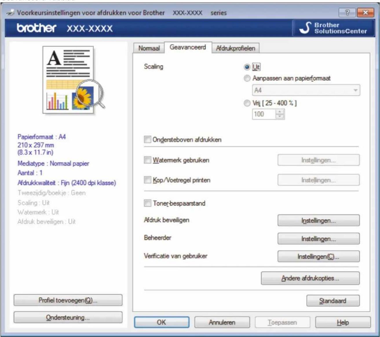 Voorkeursinstellingen voor afdrukken voor Brother XXX-XXXX series brother XXX-XXXX Brother SolutionsCenter Papierformaat : A4 210 x 297 mm (8.3 x 11.7 in) Mediatype : Normaal papier Aantal : 1 Afdrukkwaliteit : Fijn (2400 dpi klasse) Tweezijdig/boekje : Geen Scaling : Uit Watermerk : Uit Afdruk beveiligen : Uit Profiel toevoegen(Q)... Ondersteuning... Normaal Geavanceerd Afdrukprofielen Scaling Uit Aanpassen aan papierformaat A4 Vrij [ 25 - 400 % ] 100 Ondersteboven afdrukken Watermerk gebruiken Instellingen... Kop/Voetregel printen Instellingen... Toner-bespaarstand Afdruk beveiligen Instellingen... Beheerder Instellingen... Verificatie van gebruiker Instellingen(C)... Andere afdrukopties... Standaard OK Annuleren Toepassen Help