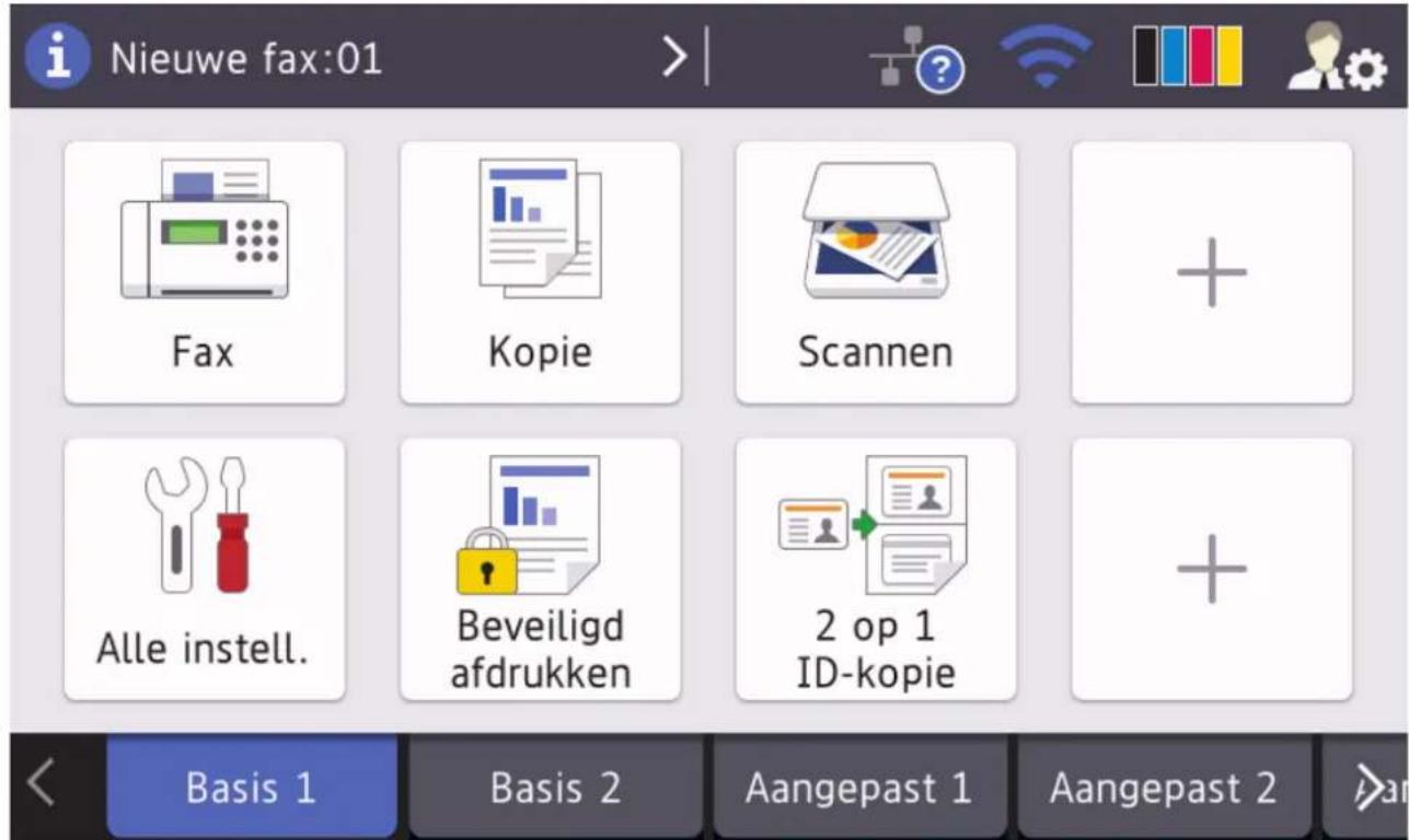 Nieuwe fax:01 Fax Kopie Scannen + Alle instell. Beveiligd afdrukken 2 op 1 ID-kopie + Basis 1 Basis 2 Aangepast 1 Aangepast 2