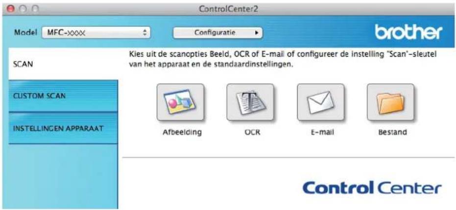ControlCenter2 Model MFC-xxxx Configuratie brother SCAN Kies uit de scanopties Beeld, OCR of E-mail of configureer de instelling "Scan"-sleutel van het apparaat en de standaardinstellingen. CUSTOM SCAN INSTELLINGEN APPARAAT Afbeelding OCR E-mail Bestand Control Center