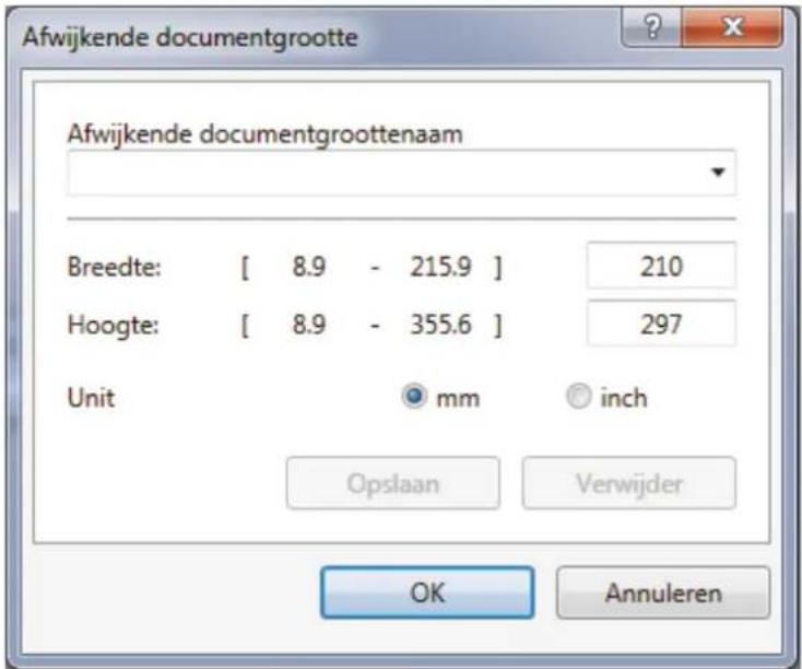 Afwijkende documentgrootte Afwijkende documentgroottenaam Breedte: [ 8.9 - 215.9 ] 210 Hoogte: [ 8.9 - 355.6 ] 297 Unit mm inch Opslaan Verwijder OK Annuleren