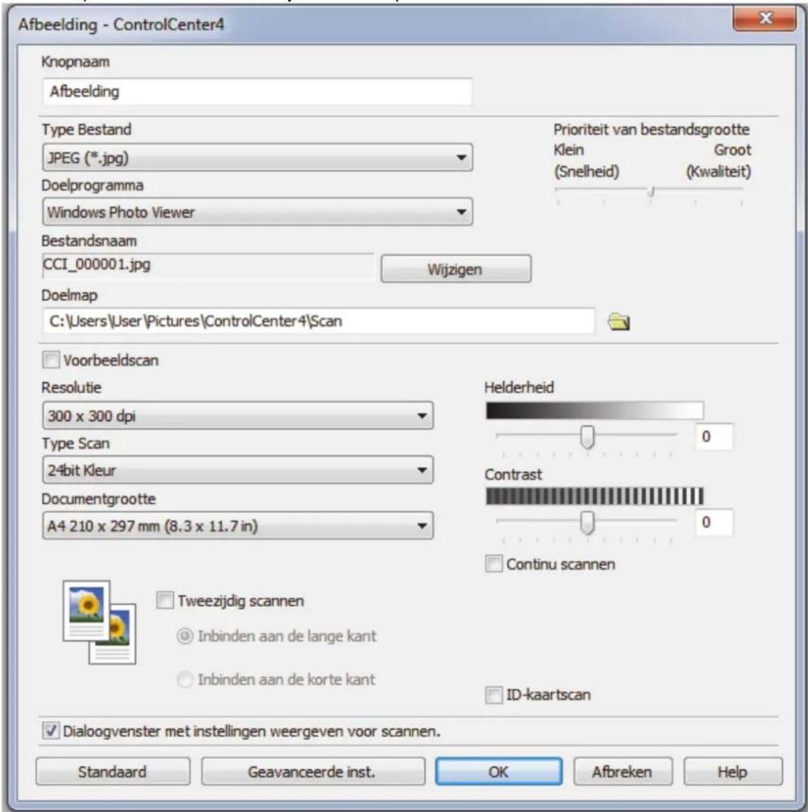 Afbeelding - ControlCenter4 Knopnaam Afbeelding Type Bestand JPEG (*.jpg) Doelprogramma Windows Photo Viewer Bestandsnaam CCI_000001.jpg Wijzigen Doelmap C:\Users\User\Pictures\ControlCenter4\Scan Voorbeeldscan Resolutie 300 x 300 dpi Type Scan 24bit Kleur Documentgrootte A4 210 x 297 mm (8.3 x 11.7 in) Helderheid Contrast Continu scannen Tweezijdig scannen Inbinden aan de lange kant Inbinden aan de korte kant ID-kaartscan Dialogoogvenster met instellingen weergeven voor scannen. Standaard Geavanceerde inst. OK Afbreken Help