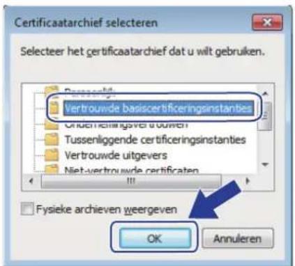 Certificaatarchief selecteren Selecteer het gertificaatarchief dat u wilt gebruiken. Vertrouwde basiscertificeringsinstanties Ouferberingsver woven Tussenliggende certificeringsinstanties Vertrouwde uitgevers Niet-vertrouwde certificaten Fysieke archieven weergeven OK Annuleren
