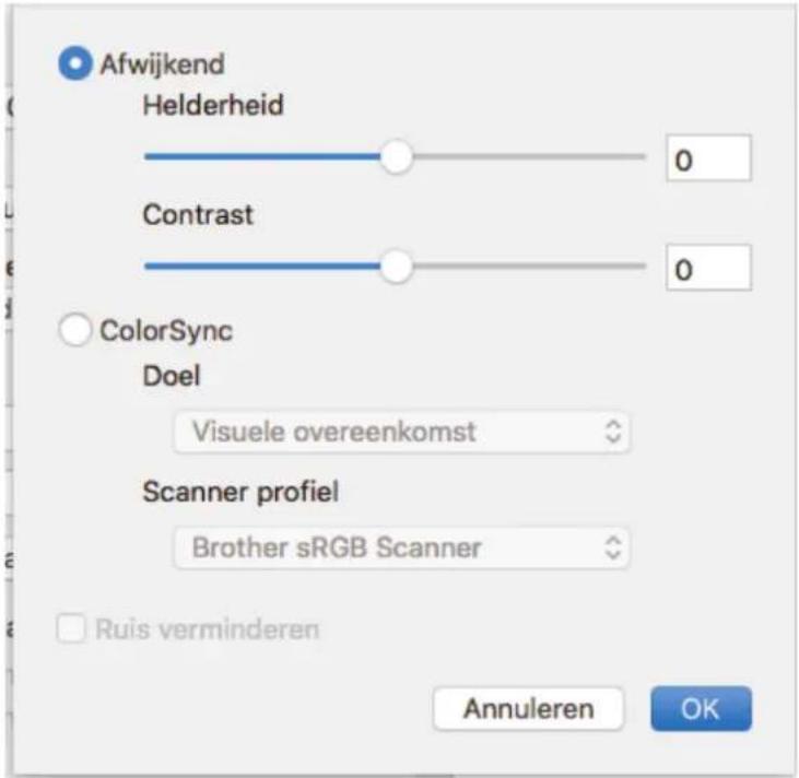 Afwijkend Helderheid Contrast ColorSync Doel Visuele overeenkomst Scanner profiel Brother sRGB Scanner Ruis verminderen Annuleren OK