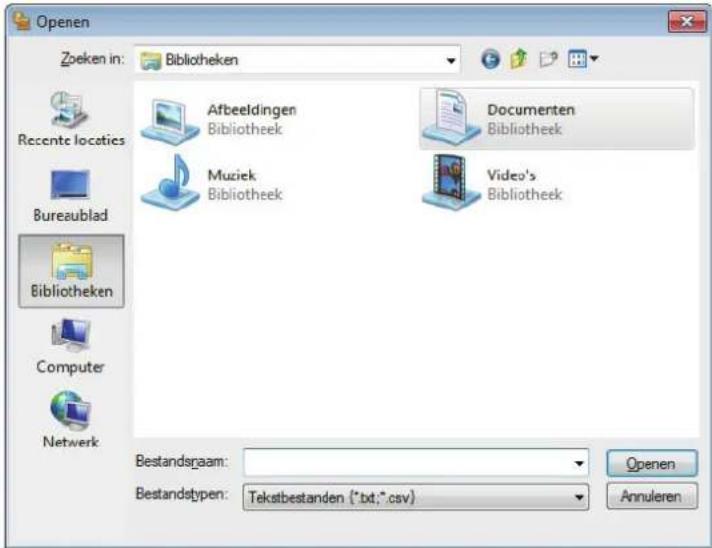 Openen Zoeken in: Bibliotheken Recente locatics Bureaublad Bibliotheken Computer Netwerk Afbeeldingen Bibliotheek Muziek Bibliotheek Documenten Bibliotheek Video's Bibliotheek Bestandsraam: Bestandstypen: Tekstbestanden (*.txt;*.csv) Openen Annuleren