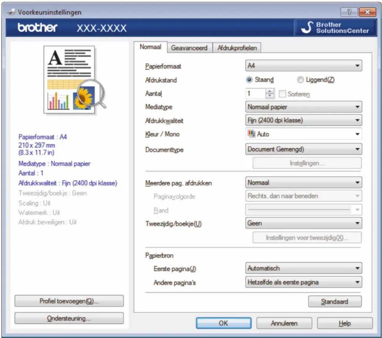 Voorkeursinstellingen brother XXX-XXXX Brother SolutionsCenter A Papierformaat : A4 210 x 297 mm (8.3 x 11.7 in) Mediatype : Normaal papier Aantal : 1 Afdrukkwaliteit : Fijn (2400 dpi klasse) Tweezijdig/boekje : Geen Scaling : Uit Watermerk : Uit Afdruk beveiligen : Uit Profiel toevoegen(Q)... Ondersteuning... Normaal Geavanceerd Afdrukprofielen Papierformaat A4 Afdrukstand Staand Liggend(Z) Aantal 1 Sorteren Mediatype Normaal papier Afdrukkwaliteit Fijn (2400 dpi klasse) Kleur / Mono Auto Documenttype Document Gemengd) Instellingen... Meerdere pag. afdrukken Normaal Paginavolgorde Rechts, dan naar beneden Band Tweezijdig/boekje(U) Geen Instellingen voor tweezijdig(X)... Papierbron Eerste pagina(J) Automatisch Andere pagina's Hetzelfde als eerste pagina Standaard OK Annuleren Help
