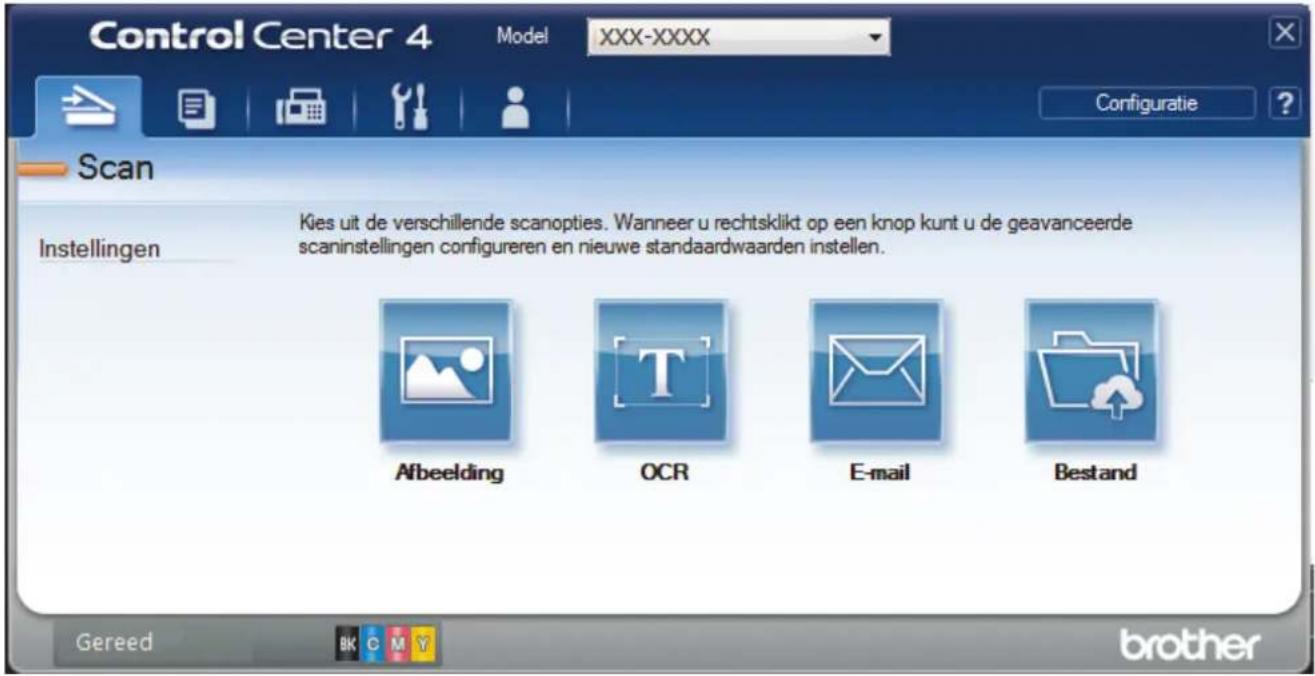 Control Center 4 Model XXX-XXXX Configuratie ? Scan Instellingen Kies uit de verschillende scanopties. Wanneer u rechtsklikt op een knop kunt u de geavanceerde scaninstellingen configureren en nieuwe standaardwaarden instellen. Afbeelding OCR E-mail Bestand Gereed BK CM Y brother