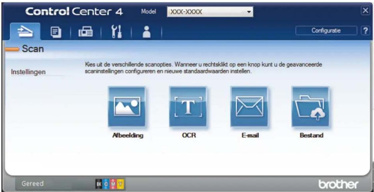 Control Center 4 Model XXX-XXXX Configuratie ? Scan Instellingen Kies uit de verschillende scanopties. Wanneer u rechtsklikt op een knop kunt u de geavanceerde scaninstellingen configureren en nieuwe standaardwaarden instellen. Afbeelding OCR E-mail Bestand Gereed BK C M Y brother