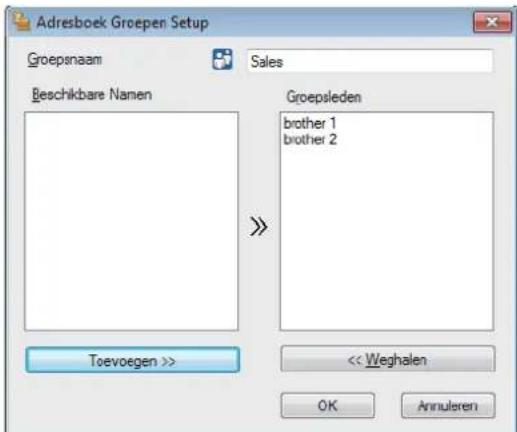 Adresboek Groepen Setup Groepsnaam Sales Geschikbare Namen Groepsleden brother 1 brother 2 Toevoegen >> << Weghalen OK Annuleren