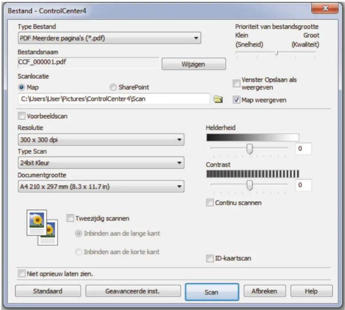 Bestand - ControlCenter4 Type Bestand PDF Meerdere pagina's (*.pdf) Bestandsnaam CCF_000001.pdf Wijzigen Prioriteit van bestandsgrootte Klein (Gneelheid) Groot (Kwaliteit) Scanlocatie Map SharePoint C:\Users\User\Pictures\ControlCenter4\Scan Venster Opslaan als weergeven Map weergeven Voorbeeldscan Resolutie 300 x 300 dpi Type Scan 24bit Kleur Documentgrootte A4 210 x 297 mm (8.3 x 11.7 in) Helderheid Contrast Continu scannen Tweezijdig scannen Inbinden aan de lange kant Inbinden aan de korte kant ID-kaartscan Niet opnieuw laten zien. Standaard Geavanceerde inst. Scan Afbreken Help