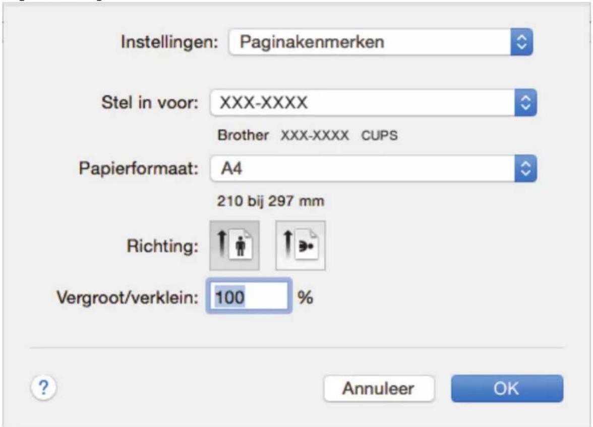 Instellingen: Paginakenmerken Stel in voor: XXX-XXXX Brother XXX-XXXX CUPS Papierformaat: A4 210 bij 297 mm Richting: Vergroot/verklein: 100 % Annuleer OK