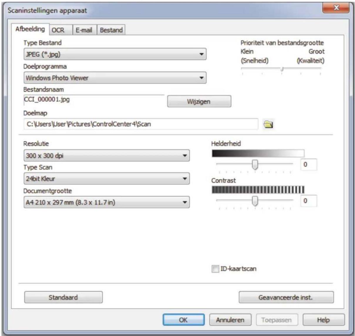 Scaninstellingen apparaat Afbeelding OCR E-mail Bestand Type Bestand JPEG (*.jpg) Doelprogramma Windows Photo Viewer Bestandsnaam CCI_000001.jpg Wijzigen Prioriteit van bestandsgrootte Klein Groot (Snelheid)(Kwaliteit) Doelmap C:\Users\User\Pictures\ControlCenter4\Scan Resolutie 300 x 300 dpi Type Scan 24bit Kleur Documentgrootte A4 210 x 297 mm (8.3 x 11.7 in) Helderheid Contrast ID-kaartscan Standaard Geavanceerde inst. OK Annuleren Toepassen Help