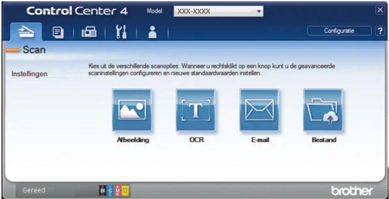Control Center 4 Model XXX-XXXX Configuratie ? Scan Instellingen Kies uit de verschillende scanopties. Wanneer u rechtsklikt op een knop kunt u de geavanceerde scaninstellingen configureren en nieuwe standaardwaarden instellen. Afbeelding OCR E-mail Bestand Gereed BK C M Y brother