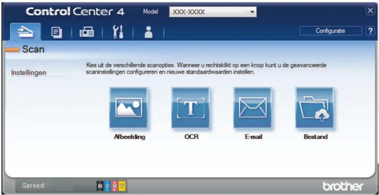 Control Center 4 Model XXX-XXXX Configuratie ? Scan Instellingen Kies uit de verschillende scanopties. Wanneer u rechtsklikt op een knop kunt u de geavanceerde scaninstellingen configureren en nieuwe standaardwaarden instellen. Afbeelding OCR E-mail Bestand Gereed OK C M Y brother