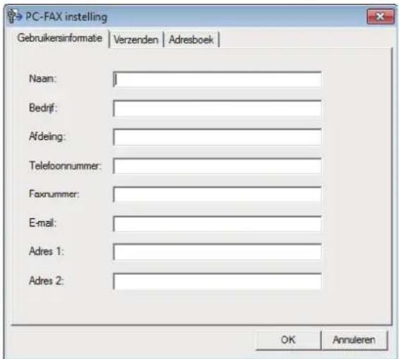 PC-FAX instelling Gebruikersinformatie | Verzenden | Adresboek | Naan: 1 Bedrijf: Afdeing: Telefoonnummer: Faxnummer: E-mail: Adres 1: Adres 2: OK Annuleren