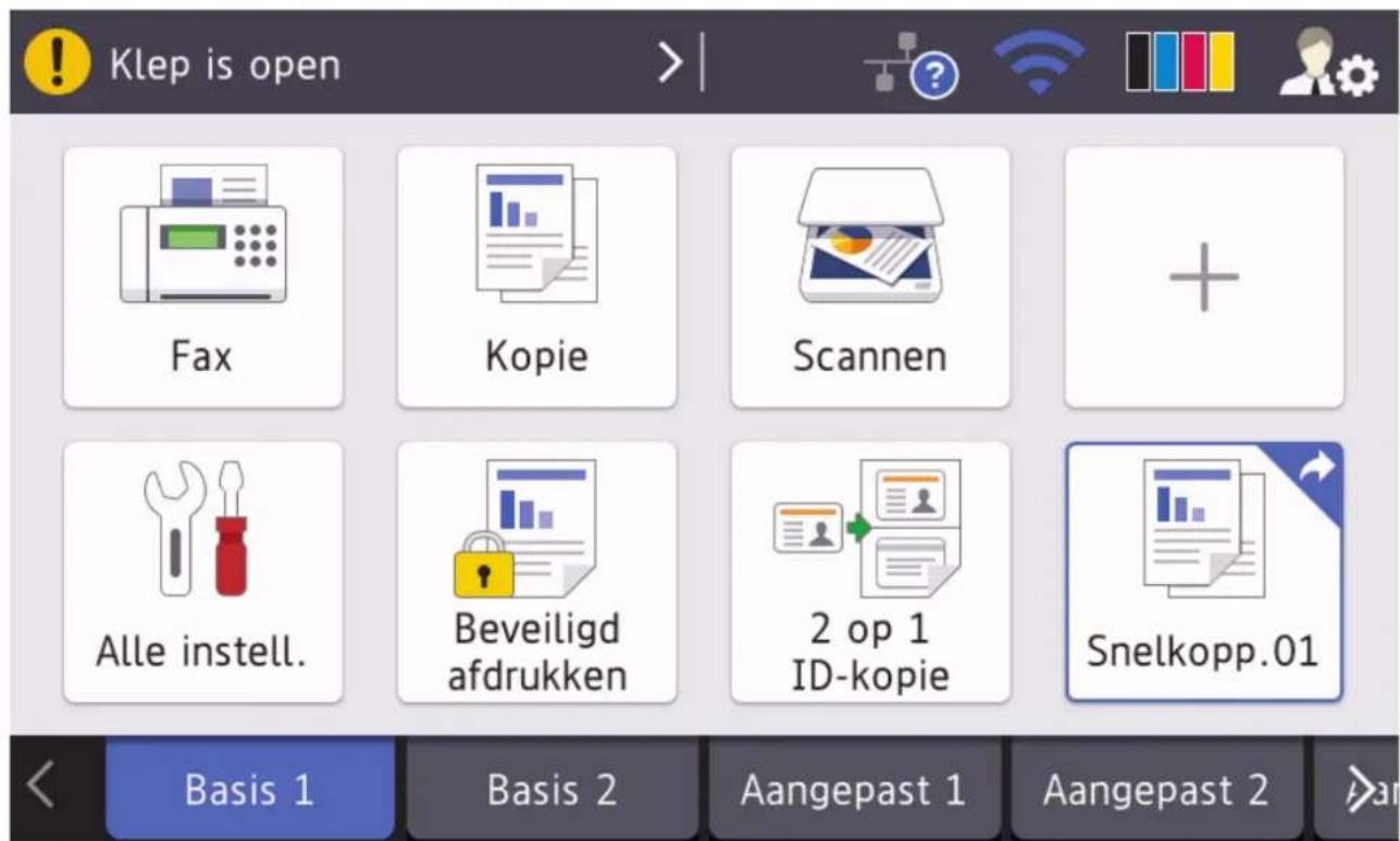 Klep is open Fax Kopie Scannen + Alle instell. Beveiligd afdrukken 2 op 1 ID-kopie Snelkopp.01 Basis 1 Basis 2 Aangepast 1 Aangepast 2