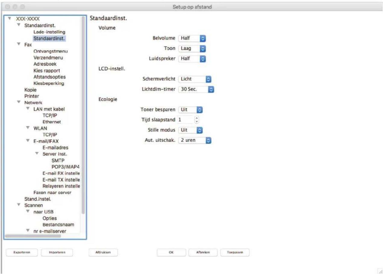 Setup op afstand XXX-XXXX Standaardinst. Lade-instelling Standaardinst. Fax Ontvangstmenu Verzendmenu Adresboek Kies rapport Afstandsopties Kiesbeperking Kopie Printer Network LAN met kabel TCP/IP Ethernet WLAN TCP/IP E-mail/IFAX E-mailadres Server Inst. SMTP POP3/IMAP4 E-mail RX instelle E-mail TX instelle Relayeren instelle Faxon naar server Stand.instel. Scannen naar USB Opties Bestandsnaam nr e-mailserver Standaardinst. Volume Belvolume Half Toon Laag Luidspreker Half LCD-instell. Schermverlicht Licht Lichtdim-timer 30 Sec. Ecologie Toner besparen Uit Tijd slaapstand 1 Stille modus Uit Aut. uitschak. 2 uren Exporteren Importieren Afdrukken OK Afbreken Toepassen