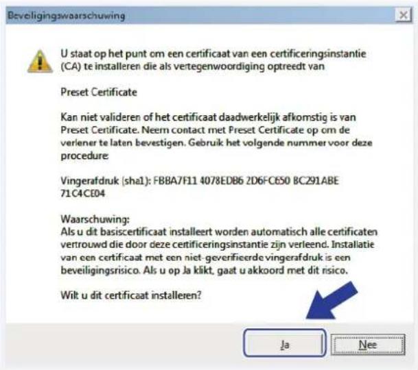 Beveligingswaarschuwing U staat op het punt om een certificaat van een certificeringsinstantie (CA) te installeren die als vertegenwoordiging optreedt van Preset Certificate Kan niet valideren of het certificaat daadwerkelijk afkomstig is van Preset Certificate. Neem contact met Preset Certificate op om de verlener te laten bevestigen. Gebruik het volgende nummer voor deze procedure Vingerafdruk (sha1): FBBA7F11 4078EDB6 2D6FC650 BC291ABE 71C4CE04 Waarschuwing: Als u dit basiscertificaat installeert worden automatisch alle certificaten vertrouwd die door deze certificeringsinstantie zijn verleend. Installatie van een certificaat met een niet-geverifieerde vingerafdruk is een beveiligingsrisico. Als u op Ja klikt, gaat u akkoord met dit risico. Wilt u dit certificaat installeren? Ja Nee