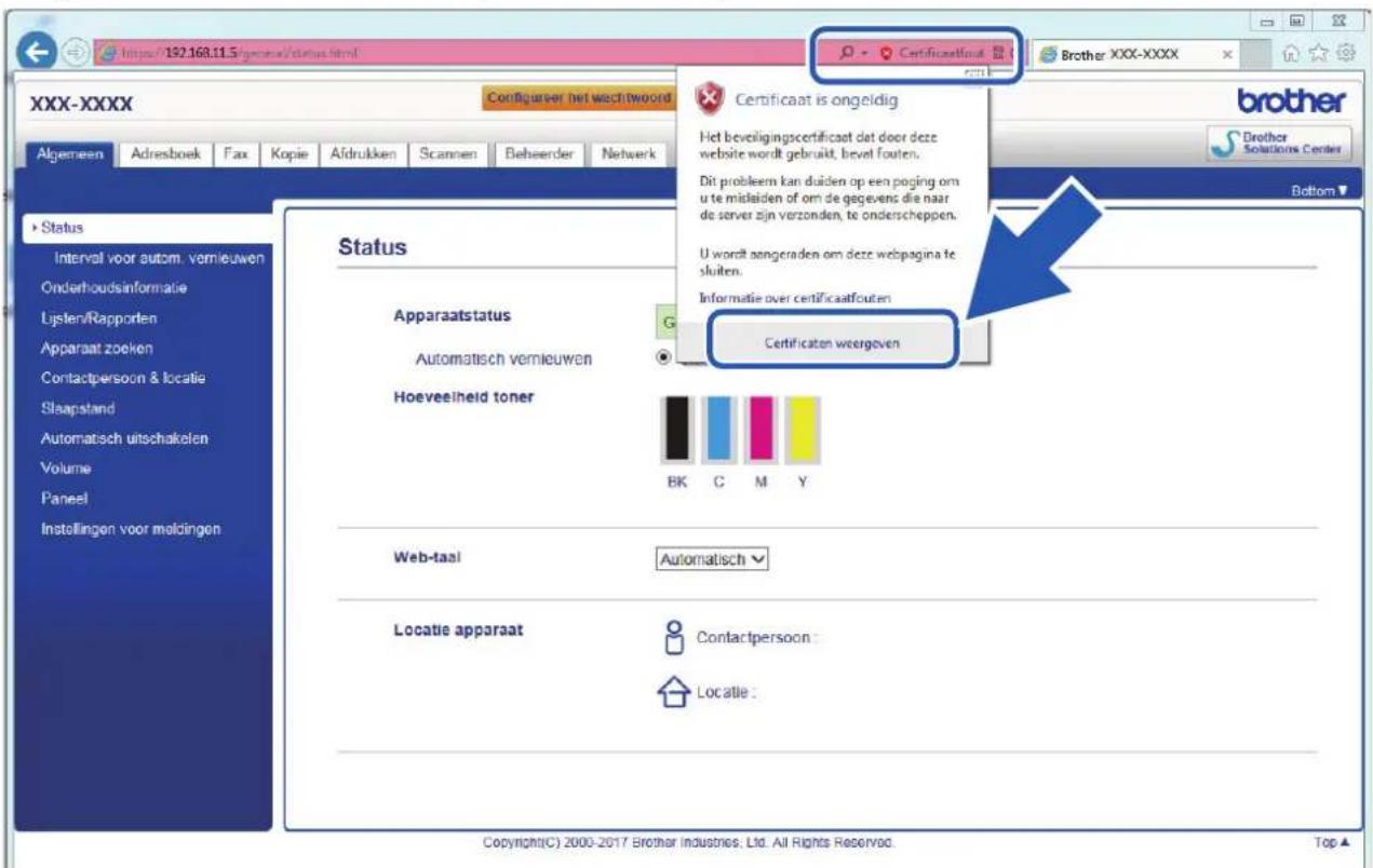 https://192.168.11.5/gerceraa/daus.html XXX-XXXX Configureer het wechtwoord Certificaat is ongeldig Het bevoiligingscertificaat dat door deze website wordt gebruikt, bevel fouten. Dit probleem kan duiden op een paging om u te mislaiden of om de gegevens die naar de server zijn verzonden, te onderschappen. U wordt aengeraden om deze webpagina te sluiten. Informatie over certificaatfouten Certificaten weergoven Status Apparaatstatus Automatisch vermieuwen Hoeveeineld toner G B.K C M Y Web-taal Automatisch Locatie apparaat Contactpersoon: Locatie: