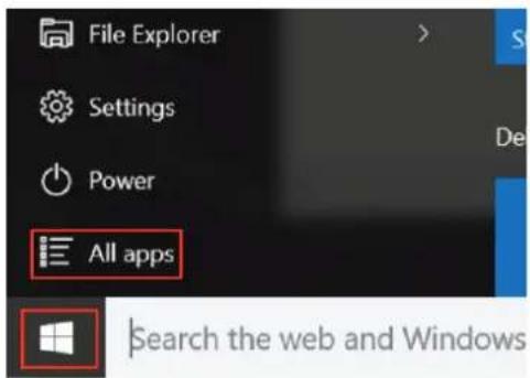 File Explorer Settings Power All apps Search the web and Windows