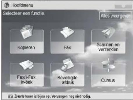 Hoofdmenu Selecteer een functie. Alles weergeven Kopiëren Fax Scannen en verzenden Fax/I-Fax in-bak Beveiligde afdruk Cursus Zwarte toner is bijna op. Vervangen nog niet nodig.