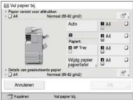 Vul papier bij. Papier vereist voor afdrukken A4 Normaal (65-82 glm2) Auto A4 Papiert... MP Tray A4 Wijzig papier papiertafel A4 Details van geselecteerde papier A4 Normaal (65-82 glm2) Annuleren OK Kopiëren Vul papier bij.