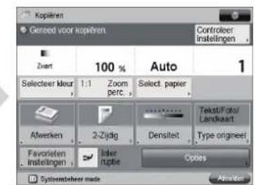 Kopfren Gereed voor kopfren Controller Instellingen Zvert 100 % Auto 1 Selecteer kleur 1:1 Zoom perc. Select. papier Tekst/Foto/ Landkaart Afwerken 2-Zijdig Densiteit Type origineel Favorieten instellingen ↕ Inner ruptie Optes Systembeher made Allende