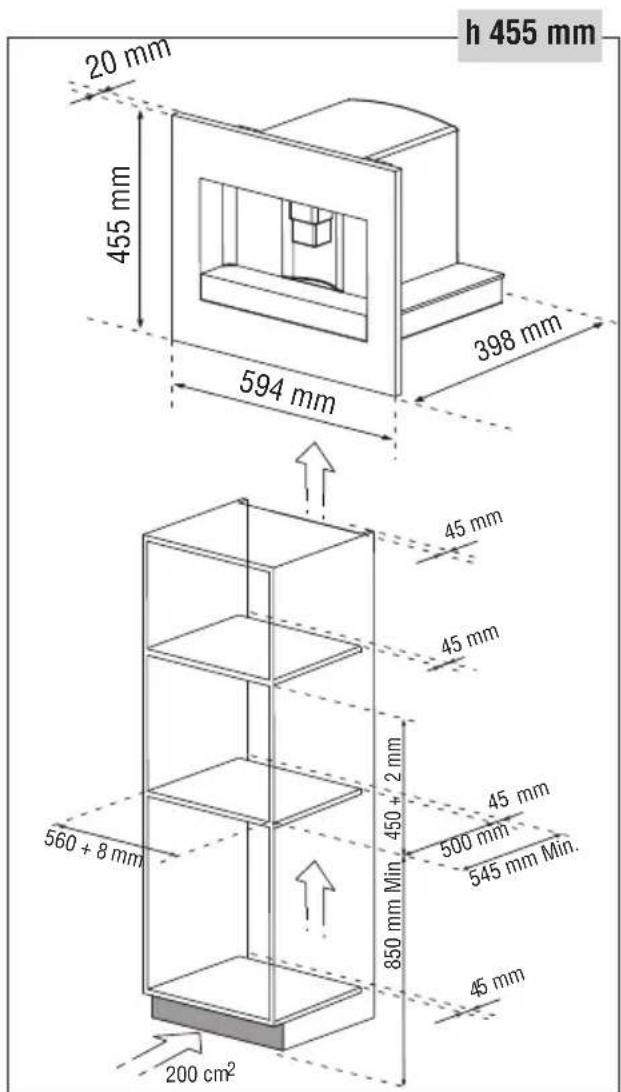 h 455 mm 20 mm 455 mm 594 mm 398 mm 45 mm 45 mm 45 mm 560 + 8 mm 450 + 2 mm 500 mm 545 mm Min. 850 mm Min. 45 mm 200 cm²