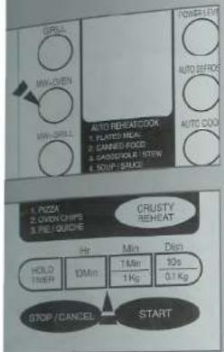 GRILL MWH/CHEN MWH/GRILL AUTO REBEATCOOK 1. FLAVES NEAR 2. CANNED FOOD 3. GARDICUM R STEW 4. TROUP BRUCE AUTO COCK 1. PIZZA 2. OVEN CHIPS 3. PIE QUICHE CRUSTY REHEAT HIT Min Drip HOLD TIME 10 Min 1 Min 1 Kg 10s 0.1 Kg STOP/CANCEL START