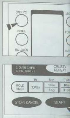 OVEN/°C GRILL MIL-LOVEN 2 OVEN CHIPS 3 PIE/QUICHE CRUSTY REHEAT HOLC MIN Dials TIMER 10Min 1Min 10m 1Kg 31Hz STOP/CANCEL START