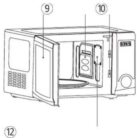 Diagram of a microwave oven with numbered parts labeled 9, 10, and 12 pointing to the interior.