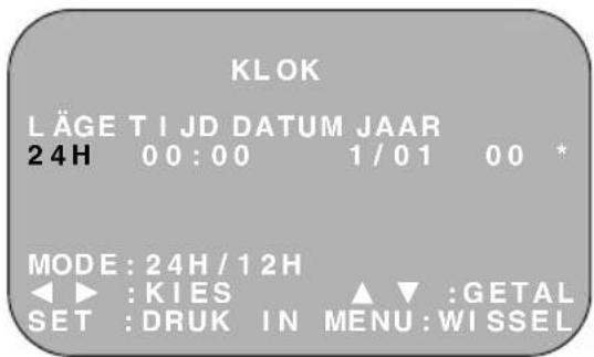 KLOK LÄGE T I JD DATUM JAAR 24H 00:00 1/01 00 * MODE: 24H / 12H ◀ ▶ :KIES ▲ ▼ :GETAL SET :DRUK IN MENU:WISSEL