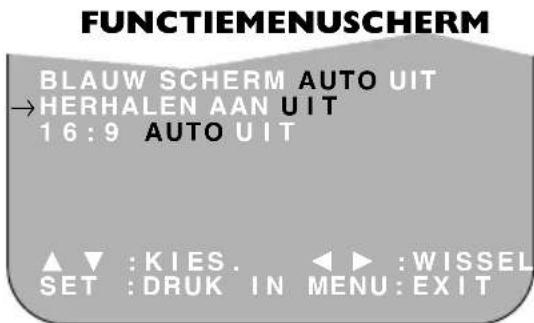 FUNCTIEMENUSCHERM BLAUW SCHERM AUTO UIT → HERHALEN AAN UIT 16:9 AUTO UIT ▲ ▼ :KIES. ◀ ▶ :WISSEL SET :DRUK IN MENU:EXIT