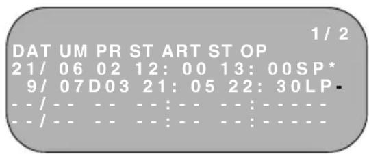 1 / 2 DAT UM PR ST ART ST OP 21/ 06 02 12: 00 13: 00SP* 9/ 07D03 21: 05 22: 30LP- -- / -- -- : -- : -- : - -- / -- -- : -- : -- : -