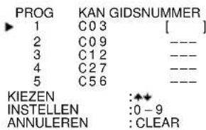 PROG 1 C03 [ ] 2 C09 ---- 3 C12 ---- 4 C27 ---- 5 C56 ---- KIEZEN :◆◆ INSTELLEN :0 - 9 ANNULEREN : CLEAR
