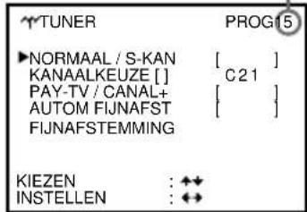 TUNER PROG15 ►NORMAAL / S-KAN KANAALKEUZE [ ] C21 PAY-TV / CANAL+ AUTOM FIJNAFST FIJNAFSTEMMING KIEZEN : ↔ INSTELLEN : ↔