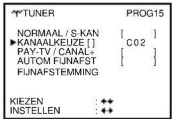 TUNER PROG15 NORMAAL / S-KAN KANAALKEUZE [] PAY-TV / CANAL+ AUTOM FIJNAFST FIJNAFSTEMMING KIEZEN : ◆◆ INSTELLEN : ◆◆