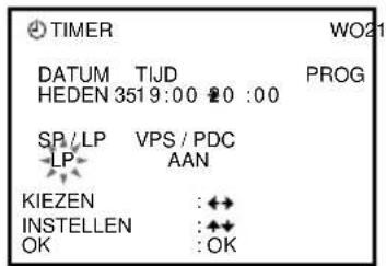 TIMER DATUM TIJD PROG HEDEN 3519:00 20:00 SP/LP VPS/PDC LP AAN KIEZEN :←→ INSTELLEN :←→ OK :OK