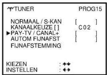 TUNER PROG15 NORMAAL / S-KAN KANAALKEUZE [ ] ▶ PAY-TV / CANAL+ AUTOM FIJNAFST FIJNAFSTEMMING KIEZEN : ◆◆ INSTELLEN : ◆◆