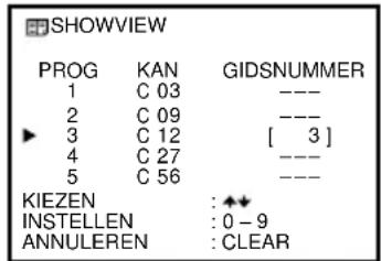SHOWVIEW PROG KAN GIDSNUMMER 1 C 03 --- 2 C 09 --- 3 C 12 [ 3 ] 4 C 27 --- 5 C 56 --- KIEZEN : ◆◆ INSTELLEN : 0 - 9 ANNULEREN : CLEAR