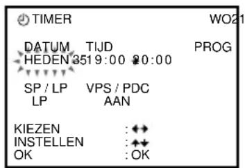 TIMER DATUM TIJD PROG HEDEN 3519:00 0:00 SP / LP VPS / PDC LP AAN KIEZEN : ◆◆ INSTELLEN : ◆◆ OK : OK